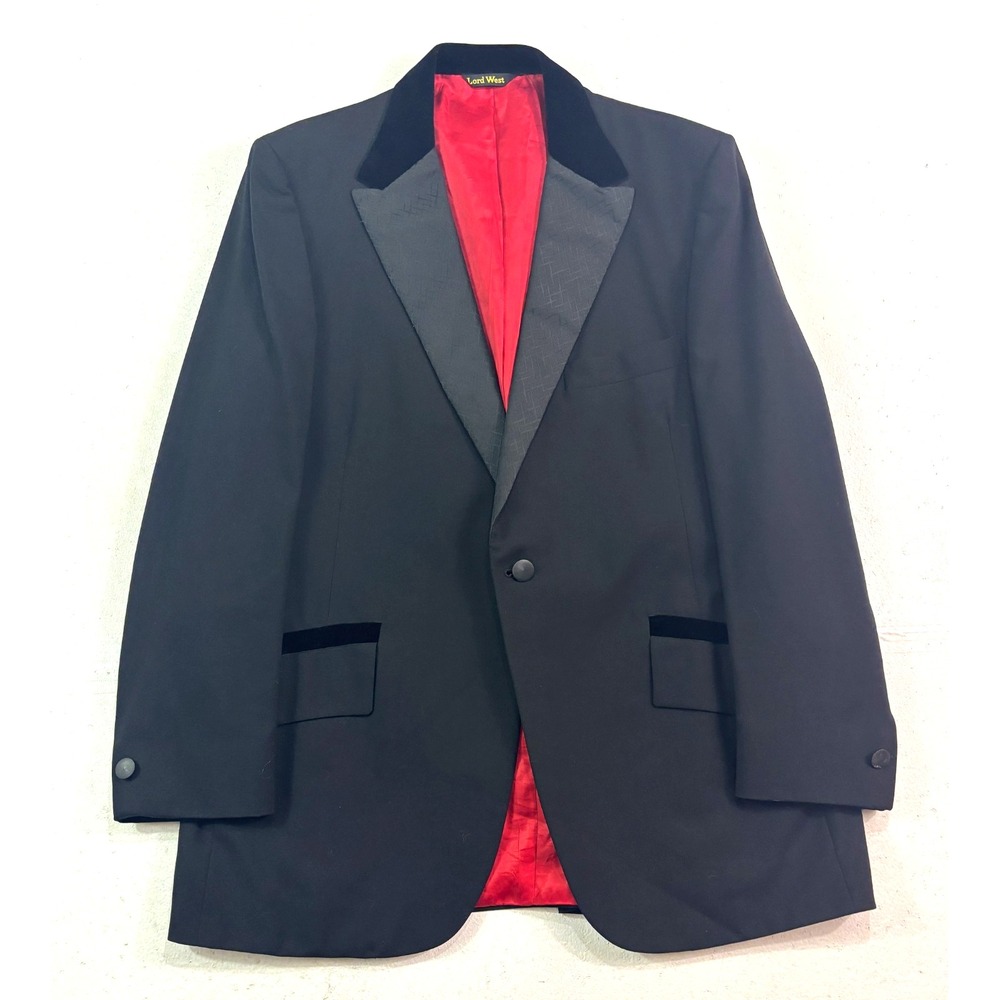 Vintage 70s Tuxedo‎ Jacket 44L satin velvet tux dinner formal wide lapel retro